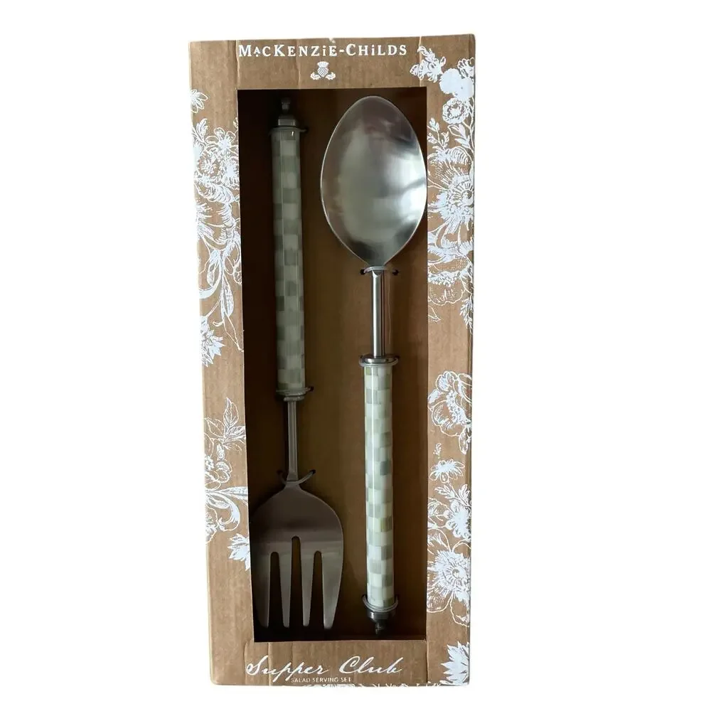 Brand New Mackenzie-Childs Sterling Check Supper Club Salad Serving Set